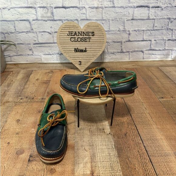 Frye Sully Boat  Leather Shoes Mens Size 8.5 M Green Navy Colorblock Loafers - Picture 1 of 12